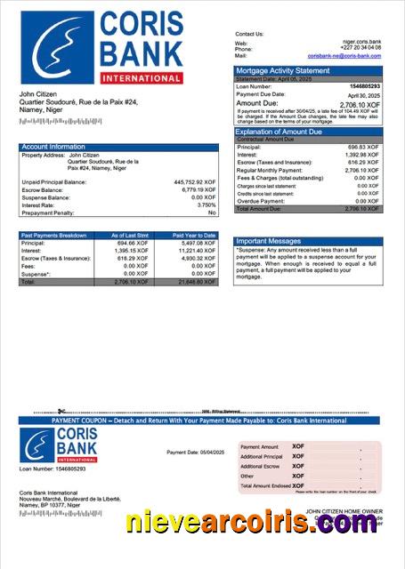 Niger Coris Bank International mortgage statement Word and PDF template